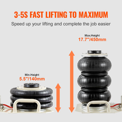 Luftwagenheber, 3 Tonnen/6600 lbs, Dreifach-Luftwagenheber, Luftwagenheber mit Luftsack, Hubhöhe bis zu 450 mm, 3-5 Sekunden Schnellhub-Luftwagenheber, mit seitlichem Griff für Autos, Garage, Reparatur (Beige)