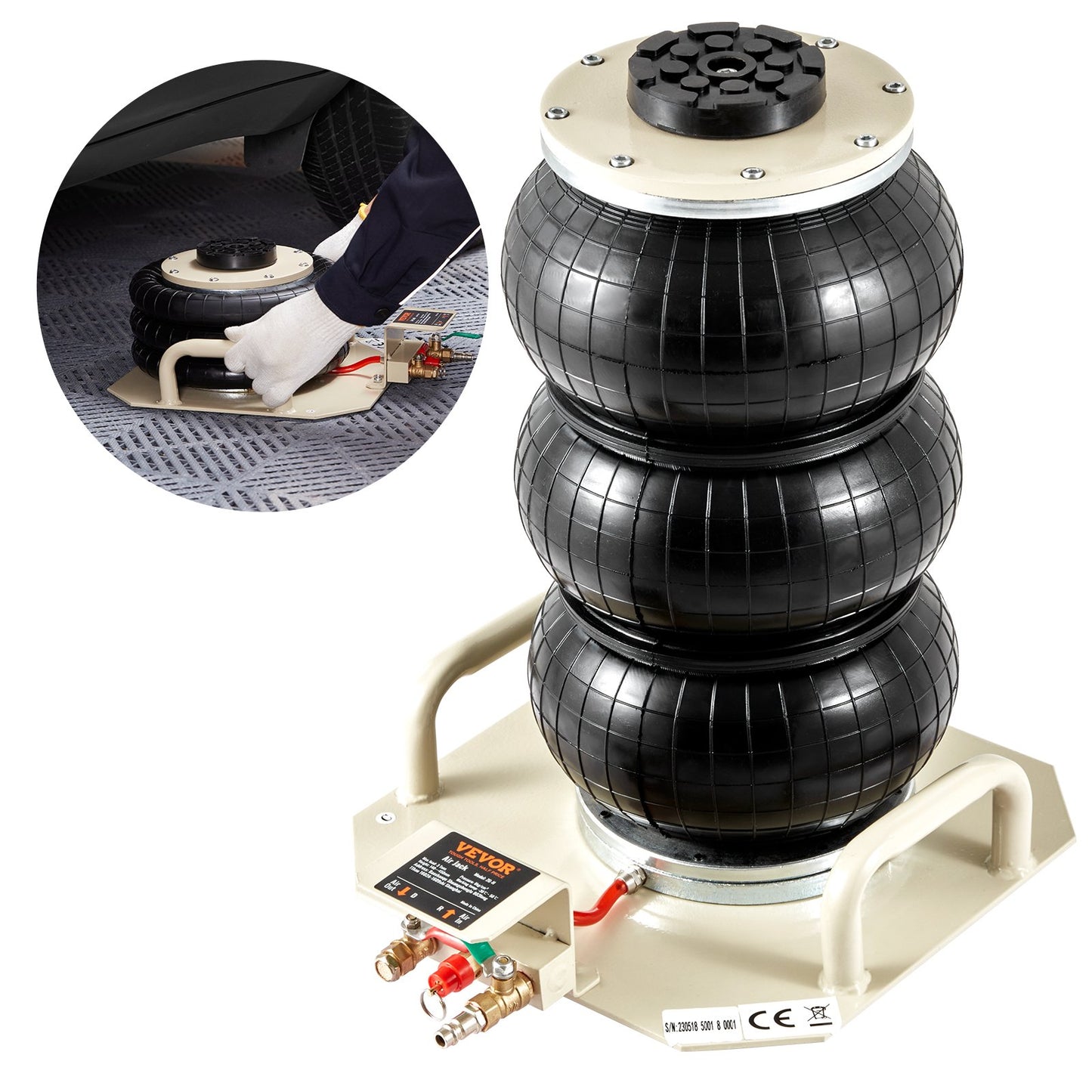 Luftwagenheber, 3 Tonnen/6600 lbs, Dreifach-Luftwagenheber, Luftwagenheber mit Luftsack, Hubhöhe bis zu 450 mm, 3-5 Sekunden Schnellhub-Luftwagenheber, mit seitlichem Griff für Autos, Garage, Reparatur (Beige)