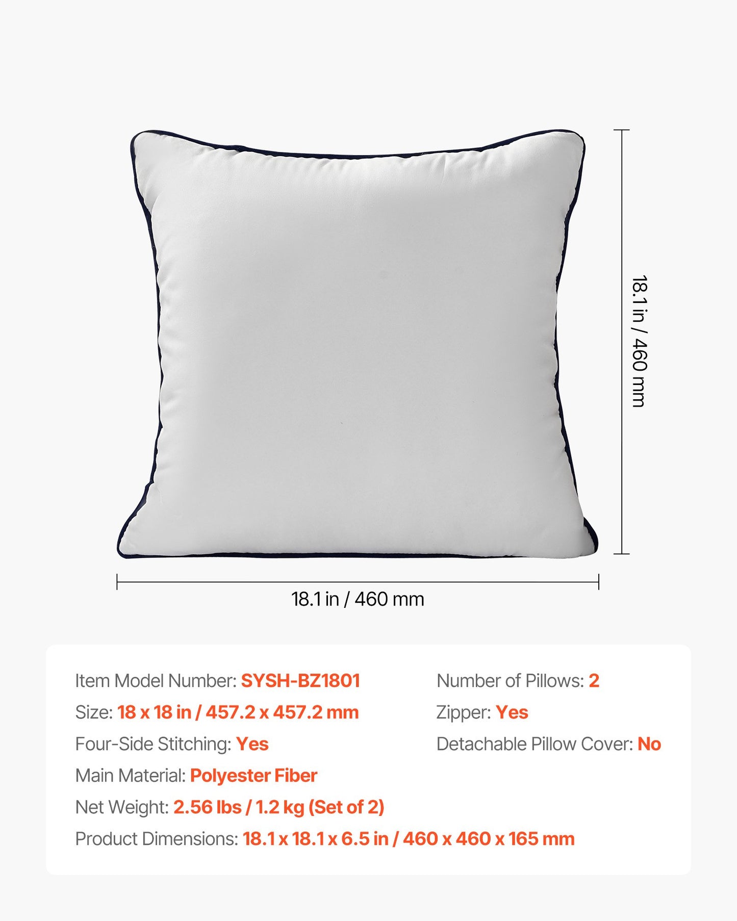 18 x 18 in Throw Pillow Inserts, Set of 2, Firm and Fluffy Decorative Down Alternative Pillows with Polyester Fiber, Square White Cushion with Zipper, for Indoor Bed Couch Sofa and Living Room