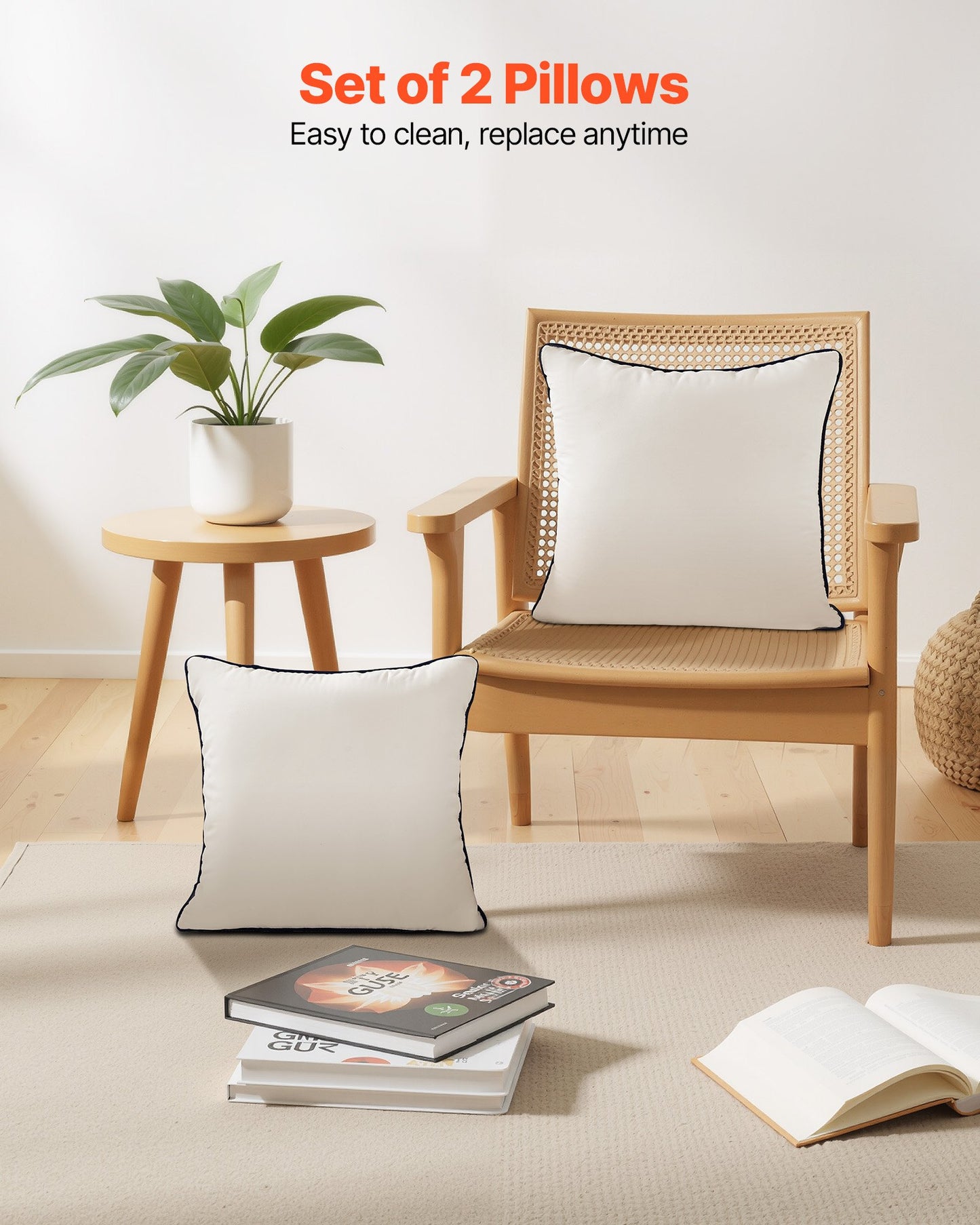 20 x 20 in Throw Pillow Inserts, Set of 2, Firm and Fluffy Decorative Down Alternative Pillows with Polyester Fiber, Square White Cushion with Zipper, for Indoor Bed Couch Sofa and Living Room