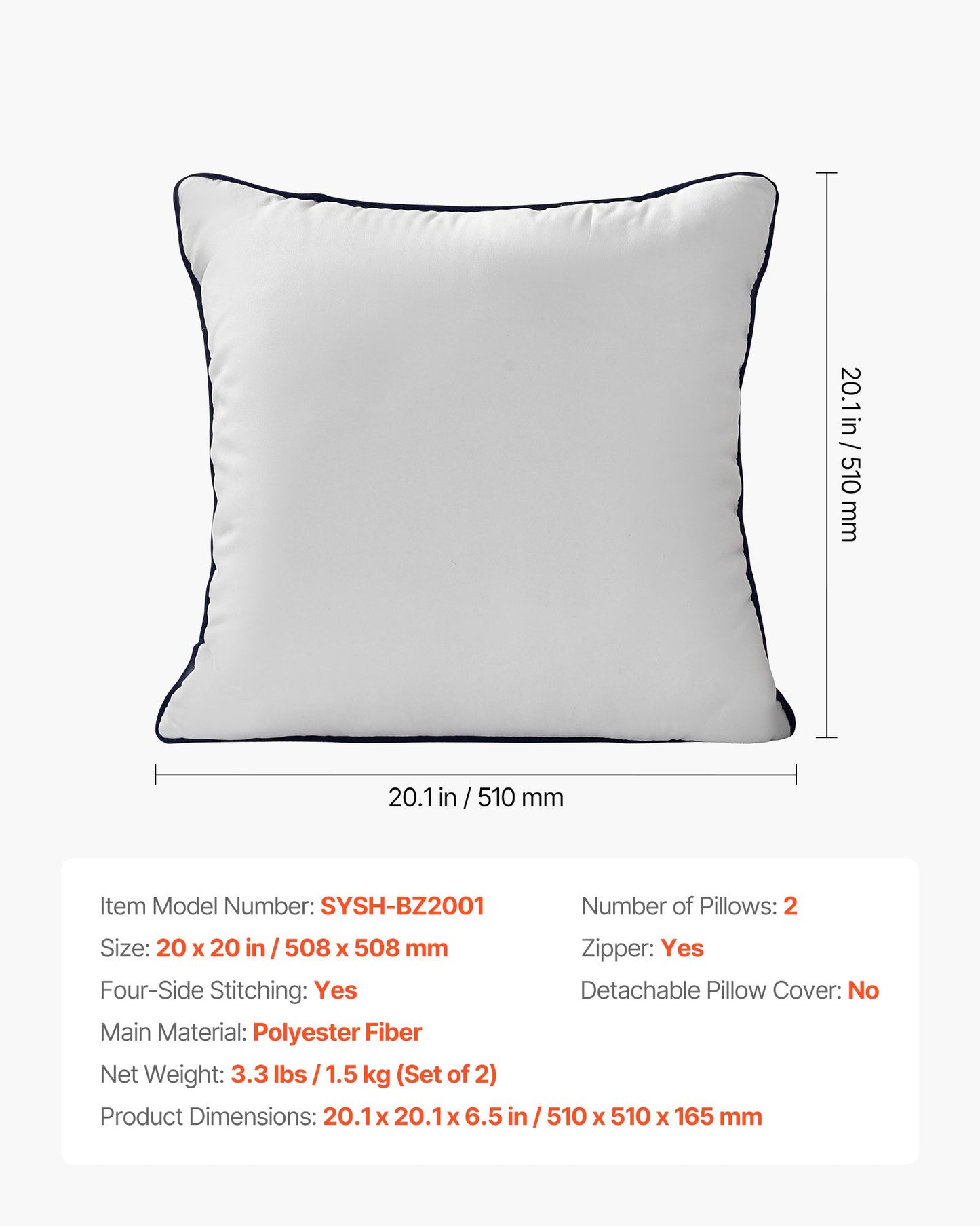 20 x 20 in Throw Pillow Inserts, Set of 2, Firm and Fluffy Decorative Down Alternative Pillows with Polyester Fiber, Square White Cushion with Zipper, for Indoor Bed Couch Sofa and Living Room