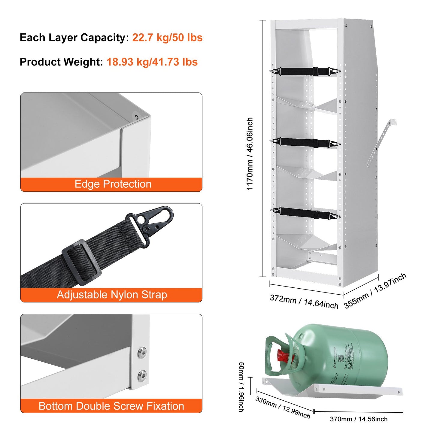 Refrigerant Tank Rack, with 3 x 30-50lb Bottle Tanks, Cylinder Tank Rack 14.64x13.97x46.06 in, Refrigerant Cylinder Rack Gas Cylinder Racks and Holders for Freon, Gases, Oxygen, Nitrogen