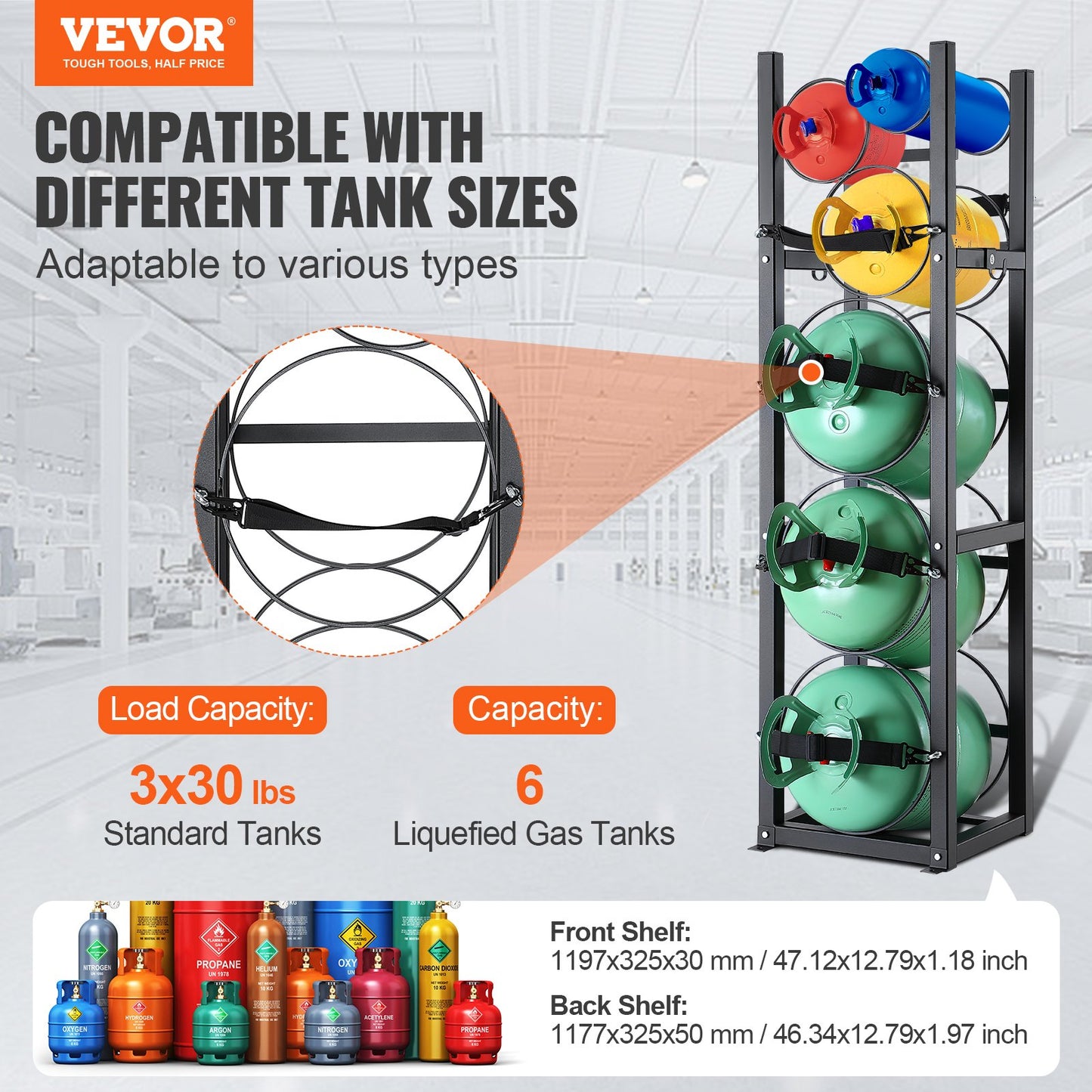 Refrigerant Tank Rack, with 3 x 30 lbs and other 3 small bottle tanks, cylinder tank rack 12.79x12.99x47.12 inches, refrigerant cylinder rack and holder for freon, gases, oxygen, nitrogen