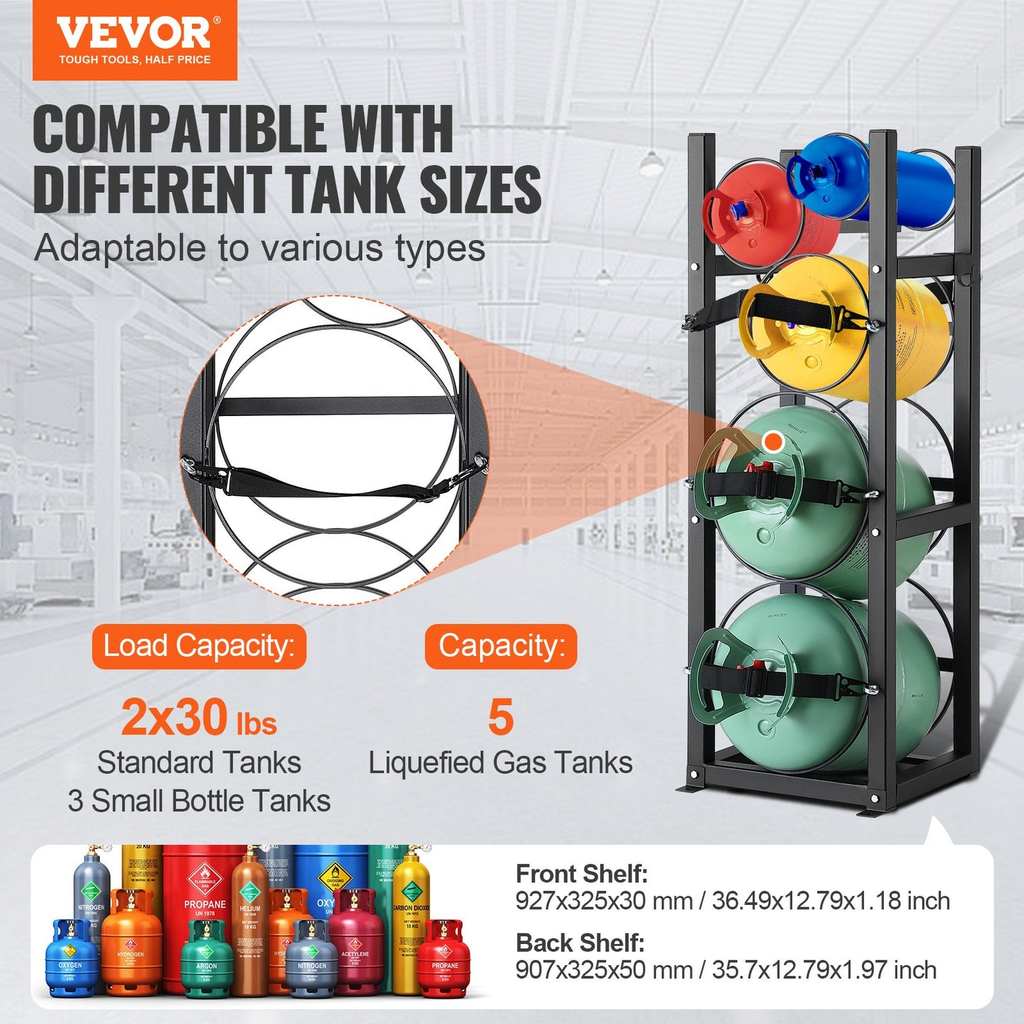 Refrigerant Tank Rack, with 2 x 30lbs and other 3 small bottle tanks, Cylinder Tank Rack 12.79x12.99x47.12 inches, Refrigerant Cylinder Rack and Holder for Freon, Gases, Oxygen, Nitrogen