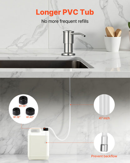 Soap Dispenser for Kitchen Sink, Stainless Steel Built in Sink Soap Dispenser with 47" Extension Tube Kit, Countertop Dish Soap-Dispenser with 360° Rotation Pump Head, for Kitchen Bathroom