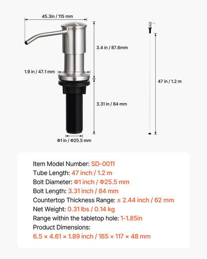 Soap Dispenser for Kitchen Sink, Stainless Steel Built in Sink Soap Dispenser with 47" Extension Tube Kit, Countertop Dish Soap-Dispenser with 360° Rotation Pump Head, for Kitchen Bathroom