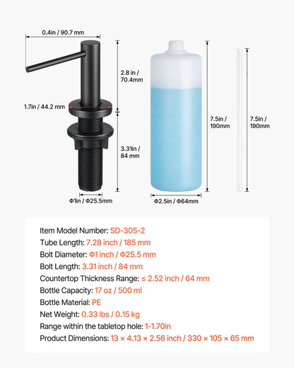 Soap Dispenser for Kitchen Sink, Stainless Steel Built in Sink Soap Dispenser with 17OZ Refillable Bottle, Countertop Dish Soap-Dispenser with 360° Rotation Pump Head, for Kitchen Bathroom