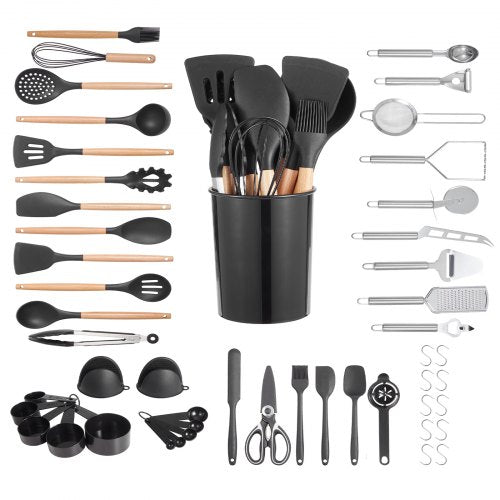 Kitchen Cooking Utensils Set, 50 PCS Silicone Spatula Set with Holder, 428°F Heat Resistant Gadget Spoons Tools, Wooden Handle Home Essentials Accessories, Silicone Gadgets Cookware, Black
