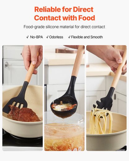 Kitchen Cooking Utensils Set, 50 PCS Silicone Spatula Set with Holder, 428°F Heat Resistant Gadget Spoons Tools, Wooden Handle Home Essentials Accessories, Silicone Gadgets Cookware, Black