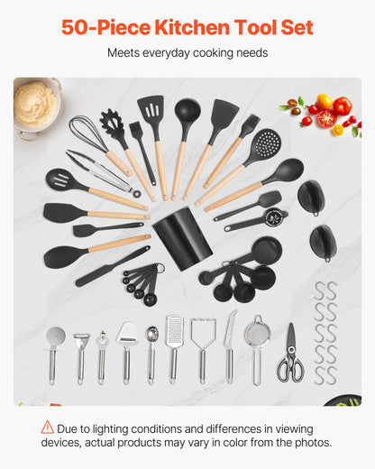 Kitchen Cooking Utensils Set, 50 PCS Silicone Spatula Set with Holder, 428°F Heat Resistant Gadget Spoons Tools, Wooden Handle Home Essentials Accessories, Silicone Gadgets Cookware, Black