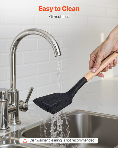 Kitchen Cooking Utensils Set, 50 PCS Silicone Spatula Set with Holder, 428°F Heat Resistant Gadget Spoons Tools, Wooden Handle Home Essentials Accessories, Silicone Gadgets Cookware, Black