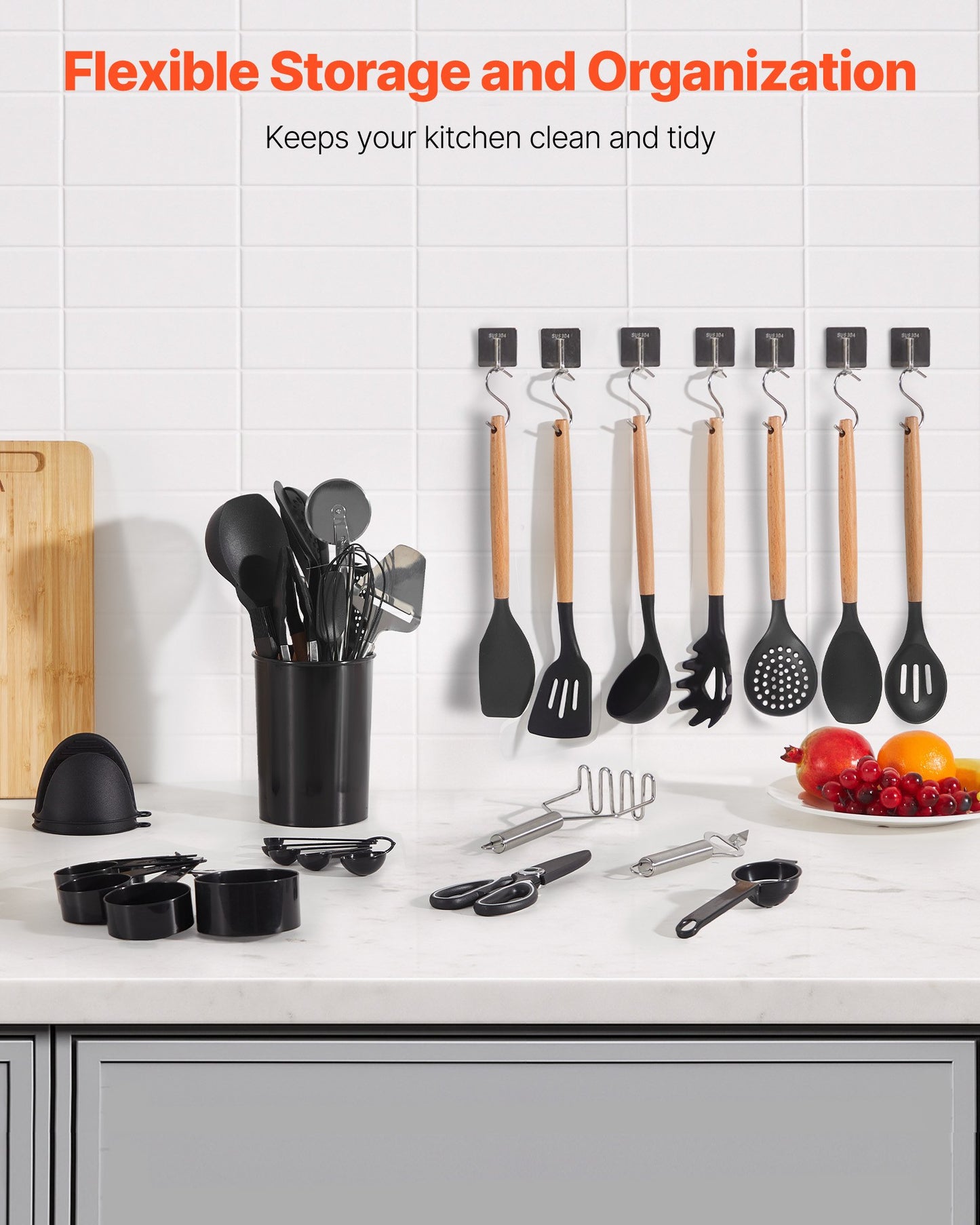 Kitchen Cooking Utensils Set, 50 PCS Silicone Spatula Set with Holder, 428°F Heat Resistant Gadget Spoons Tools, Wooden Handle Home Essentials Accessories, Silicone Gadgets Cookware, Black