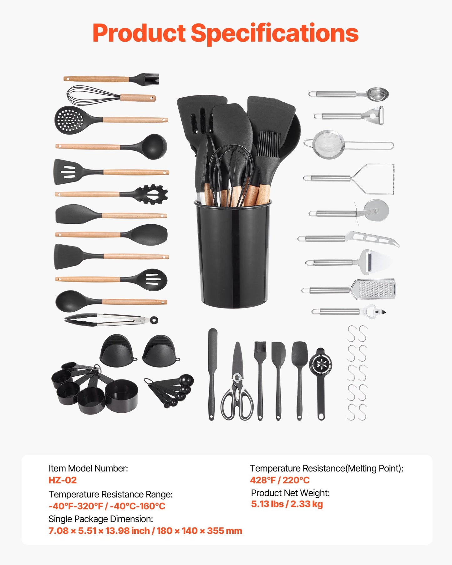 Kitchen Cooking Utensils Set, 50 PCS Silicone Spatula Set with Holder, 428°F Heat Resistant Gadget Spoons Tools, Wooden Handle Home Essentials Accessories, Silicone Gadgets Cookware, Black