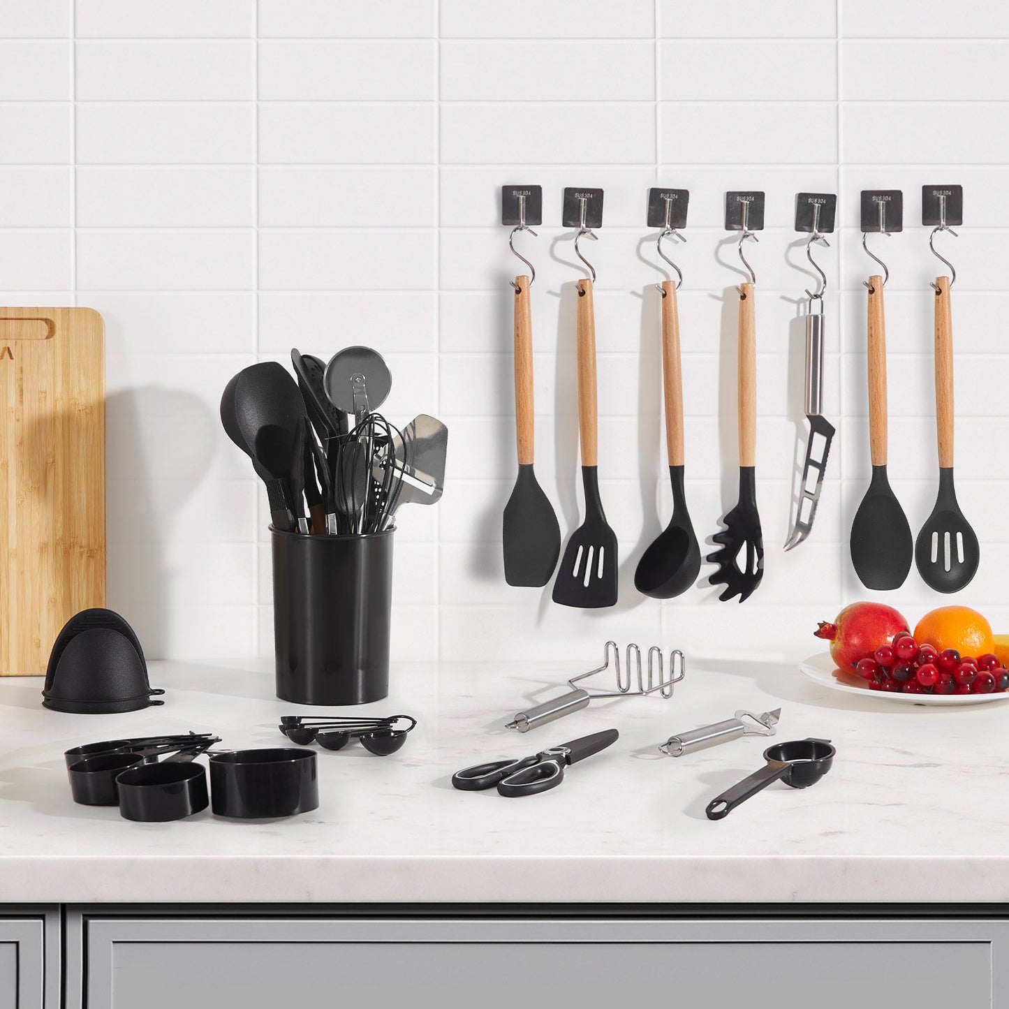 Kitchen Cooking Utensils Set, 50 PCS Silicone Spatula Set with Holder, 428°F Heat Resistant Gadget Spoons Tools, Wooden Handle Home Essentials Accessories, Silicone Gadgets Cookware, Black