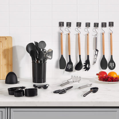 Kitchen Cooking Utensils Set, 50 PCS Silicone Spatula Set with Holder, 428°F Heat Resistant Gadget Spoons Tools, Wooden Handle Home Essentials Accessories, Silicone Gadgets Cookware, Black