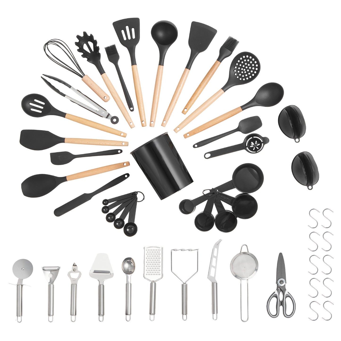 Kitchen Cooking Utensils Set, 50 PCS Silicone Spatula Set with Holder, 428°F Heat Resistant Gadget Spoons Tools, Wooden Handle Home Essentials Accessories, Silicone Gadgets Cookware, Black
