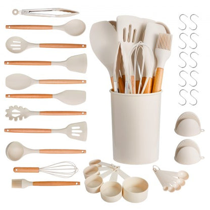 Kitchen Cooking Utensils Set, 34 PCS Silicone Spatula Set with Holder, 428°F Heat Resistant Gadget Spoons Tools, Wooden Handle Home Essentials Accessories, Silicone Gadgets Cookware, White