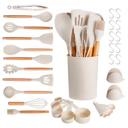 Kitchen Cooking Utensils Set, 34 PCS Silicone Spatula Set with Holder, 428°F Heat Resistant Gadget Spoons Tools, Wooden Handle Home Essentials Accessories, Silicone Gadgets Cookware, White