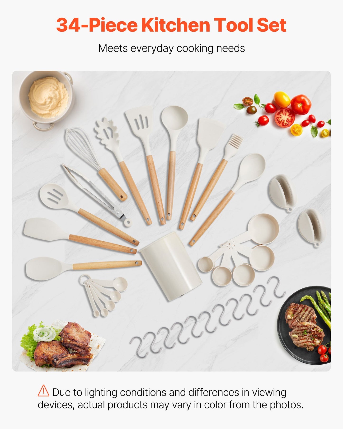Kitchen Cooking Utensils Set, 34 PCS Silicone Spatula Set with Holder, 428°F Heat Resistant Gadget Spoons Tools, Wooden Handle Home Essentials Accessories, Silicone Gadgets Cookware, White