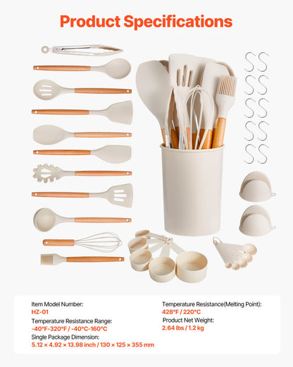 Kitchen Cooking Utensils Set, 34 PCS Silicone Spatula Set with Holder, 428°F Heat Resistant Gadget Spoons Tools, Wooden Handle Home Essentials Accessories, Silicone Gadgets Cookware, White