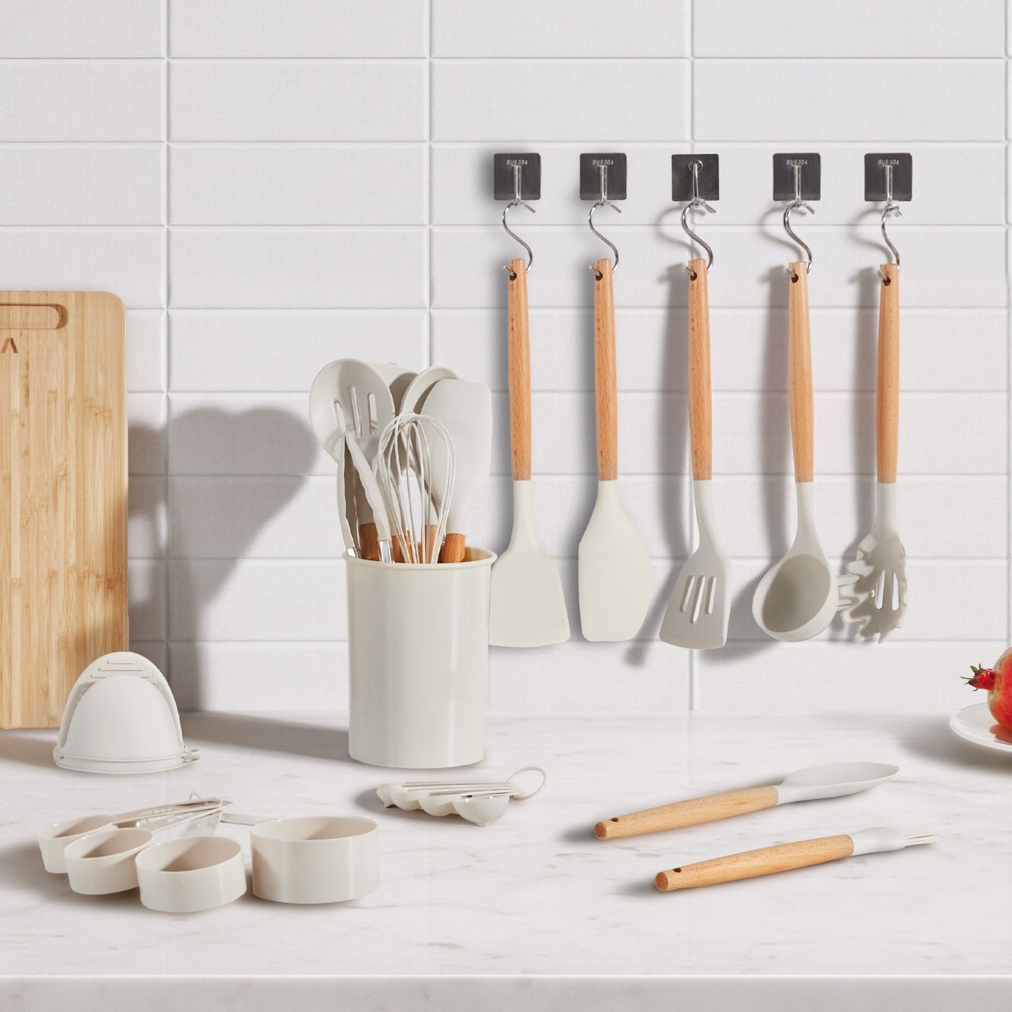 Kitchen Cooking Utensils Set, 34 PCS Silicone Spatula Set with Holder, 428°F Heat Resistant Gadget Spoons Tools, Wooden Handle Home Essentials Accessories, Silicone Gadgets Cookware, White