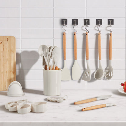 Kitchen Cooking Utensils Set, 34 PCS Silicone Spatula Set with Holder, 428°F Heat Resistant Gadget Spoons Tools, Wooden Handle Home Essentials Accessories, Silicone Gadgets Cookware, White