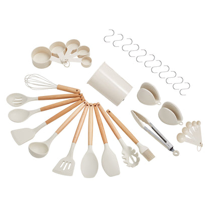 Kitchen Cooking Utensils Set, 34 PCS Silicone Spatula Set with Holder, 428°F Heat Resistant Gadget Spoons Tools, Wooden Handle Home Essentials Accessories, Silicone Gadgets Cookware, White