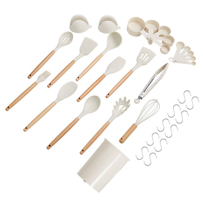 Kitchen Cooking Utensils Set, 34 PCS Silicone Spatula Set with Holder, 428°F Heat Resistant Gadget Spoons Tools, Wooden Handle Home Essentials Accessories, Silicone Gadgets Cookware, White