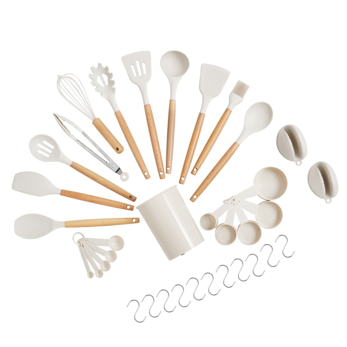 Kitchen Cooking Utensils Set, 34 PCS Silicone Spatula Set with Holder, 428°F Heat Resistant Gadget Spoons Tools, Wooden Handle Home Essentials Accessories, Silicone Gadgets Cookware, White