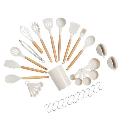Kitchen Cooking Utensils Set, 34 PCS Silicone Spatula Set with Holder, 428°F Heat Resistant Gadget Spoons Tools, Wooden Handle Home Essentials Accessories, Silicone Gadgets Cookware, White