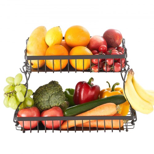2 Tier Fruit Basket, Countertop Fruits Vegetable Bowl with Banana Hangers, Metal Wire Storage Stand for Kitchen Counter, Detachable Stackable Holder Organizer for Bread Snack Veggies, Black