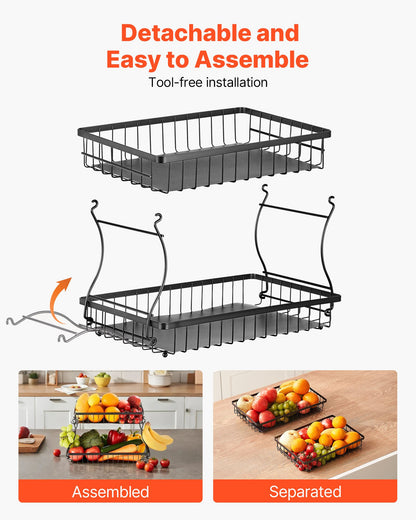 2 Tier Fruit Basket, Countertop Fruits Vegetable Bowl with Banana Hangers, Metal Wire Storage Stand for Kitchen Counter, Detachable Stackable Holder Organizer for Bread Snack Veggies, Black
