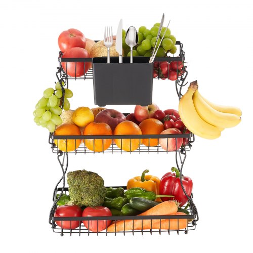 3 Tier Fruit Basket, Countertop Fruits Vegetable Bowl with Banana Hangers and Side Storage Basket, Metal Wire Storage Stand for Kitchen Counter, Holder Organizer for Bread Snack Veggies, Black