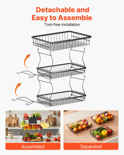 3 Tier Fruit Basket, Countertop Fruits Vegetable Bowl with Banana Hangers and Side Storage Basket, Metal Wire Storage Stand for Kitchen Counter, Holder Organizer for Bread Snack Veggies, Black