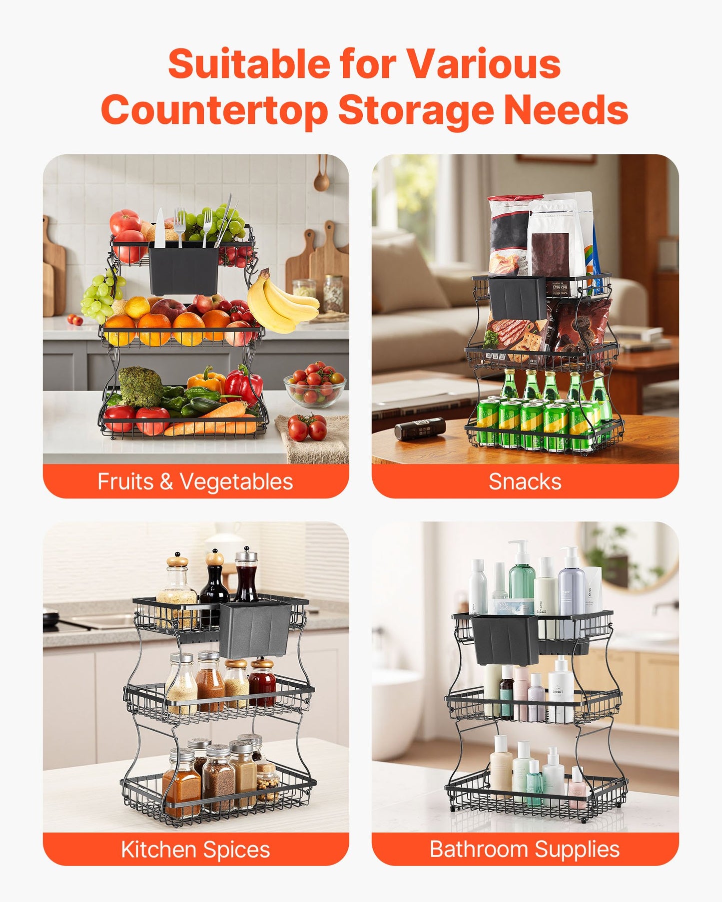 3 Tier Fruit Basket, Countertop Fruits Vegetable Bowl with Banana Hangers and Side Storage Basket, Metal Wire Storage Stand for Kitchen Counter, Holder Organizer for Bread Snack Veggies, Black