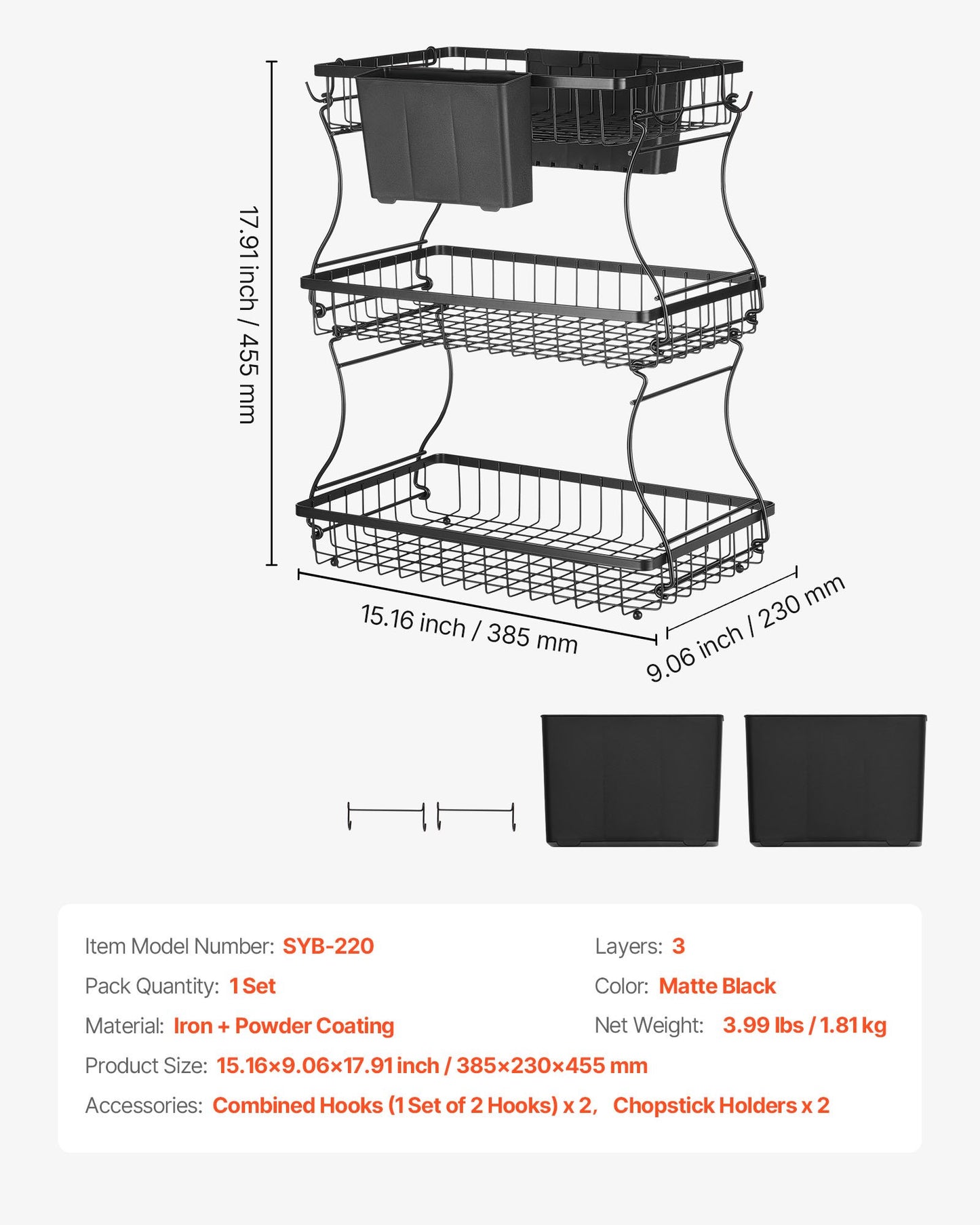 3 Tier Fruit Basket, Countertop Fruits Vegetable Bowl with Banana Hangers and Side Storage Basket, Metal Wire Storage Stand for Kitchen Counter, Holder Organizer for Bread Snack Veggies, Black