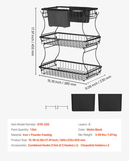 3 Tier Fruit Basket, Countertop Fruits Vegetable Bowl with Banana Hangers and Side Storage Basket, Metal Wire Storage Stand for Kitchen Counter, Holder Organizer for Bread Snack Veggies, Black
