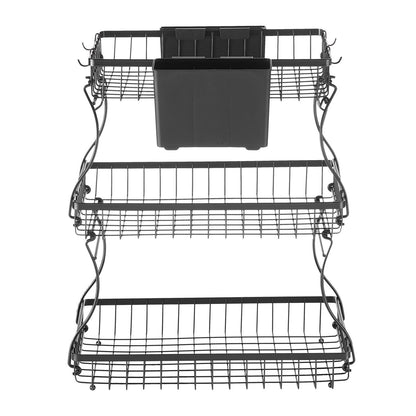 3 Tier Fruit Basket, Countertop Fruits Vegetable Bowl with Banana Hangers and Side Storage Basket, Metal Wire Storage Stand for Kitchen Counter, Holder Organizer for Bread Snack Veggies, Black