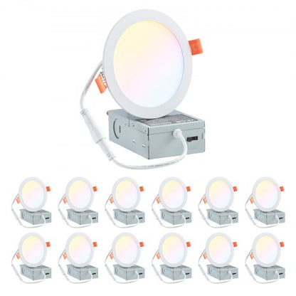 12 Pack 6 Inch LED Recessed Ceiling Light, 5CCT, Canless Wafer Downlight with Junction Box, 2700K/3000K/3500K/4000K/5000K Selectable, 1100 LM High Brightness 12W 120V, for Indoor Home Lighting