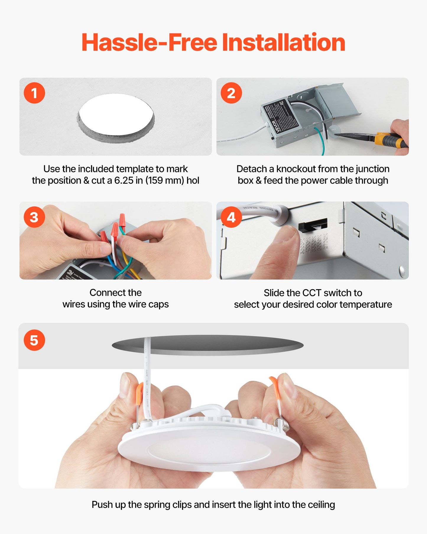 12 Pack 6 Inch LED Recessed Ceiling Light, 5CCT, Canless Wafer Downlight with Junction Box, 2700K/3000K/3500K/4000K/5000K Selectable, 1100 LM High Brightness 12W 120V, for Indoor Home Lighting