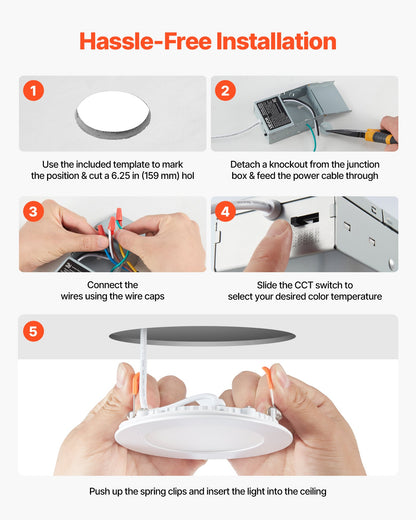 12 Pack 6 Inch LED Recessed Ceiling Light, 5CCT, Canless Wafer Downlight with Junction Box, 2700K/3000K/3500K/4000K/5000K Selectable, 1100 LM High Brightness 12W 120V, for Indoor Home Lighting