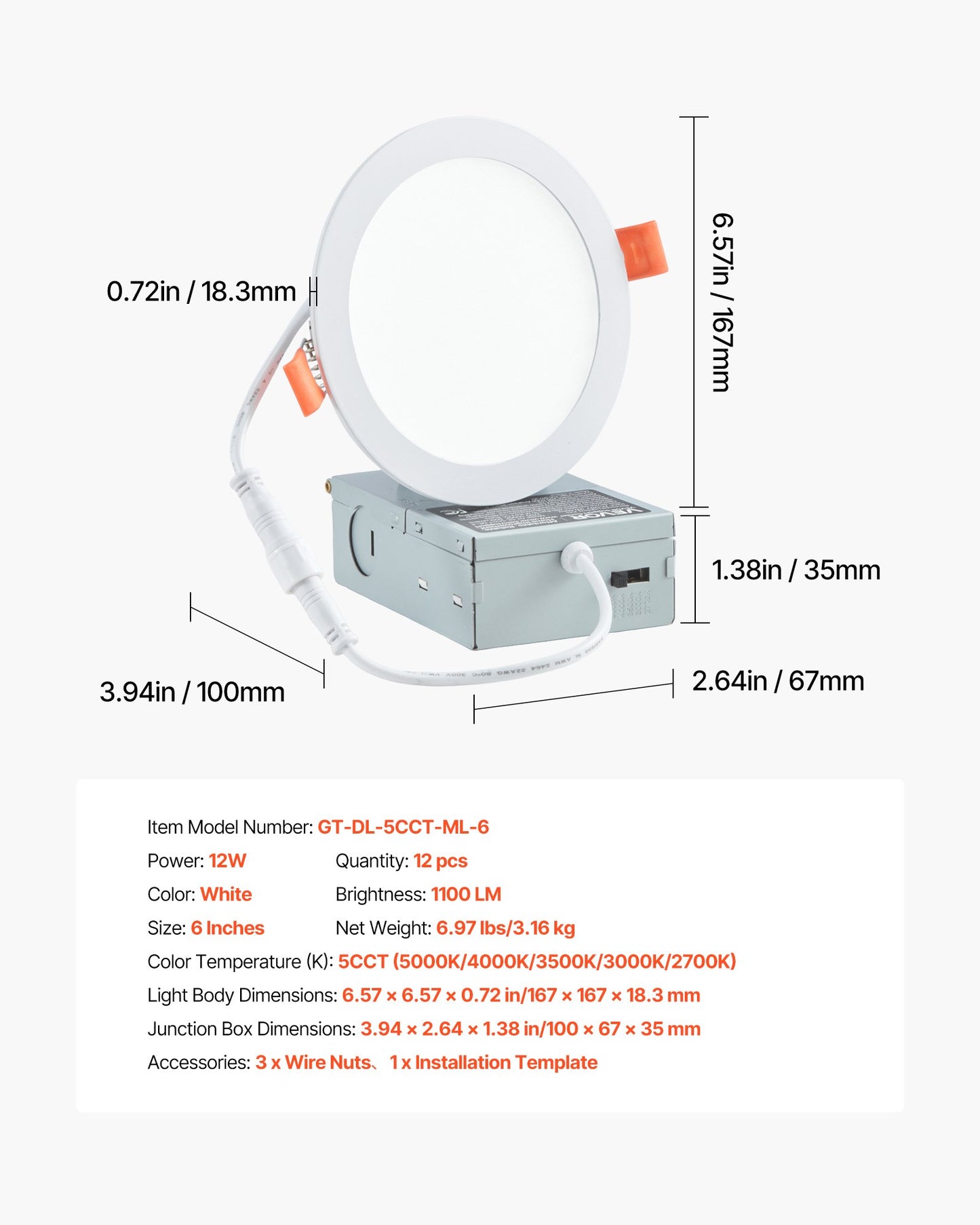 12 Pack 6 Inch LED Recessed Ceiling Light, 5CCT, Canless Wafer Downlight with Junction Box, 2700K/3000K/3500K/4000K/5000K Selectable, 1100 LM High Brightness 12W 120V, for Indoor Home Lighting