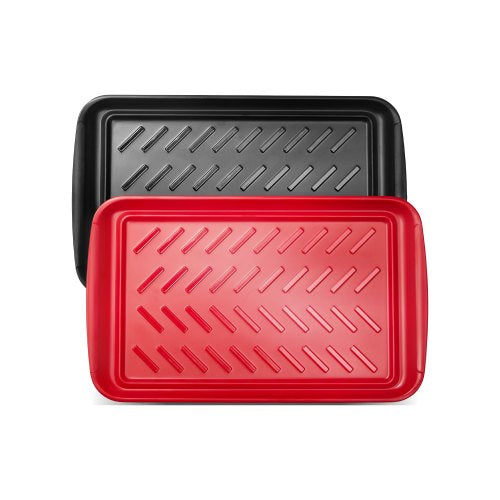Plastic Serving Trays, 2-Pack Grilling Prep and Serve Trays with Handles , 17x10.35 Inch Anti-Slip Melamine Food Tray, Ideal for BBQ, Kitchen, Cafeteria, Ottoman, Coffee Table, Black and Red