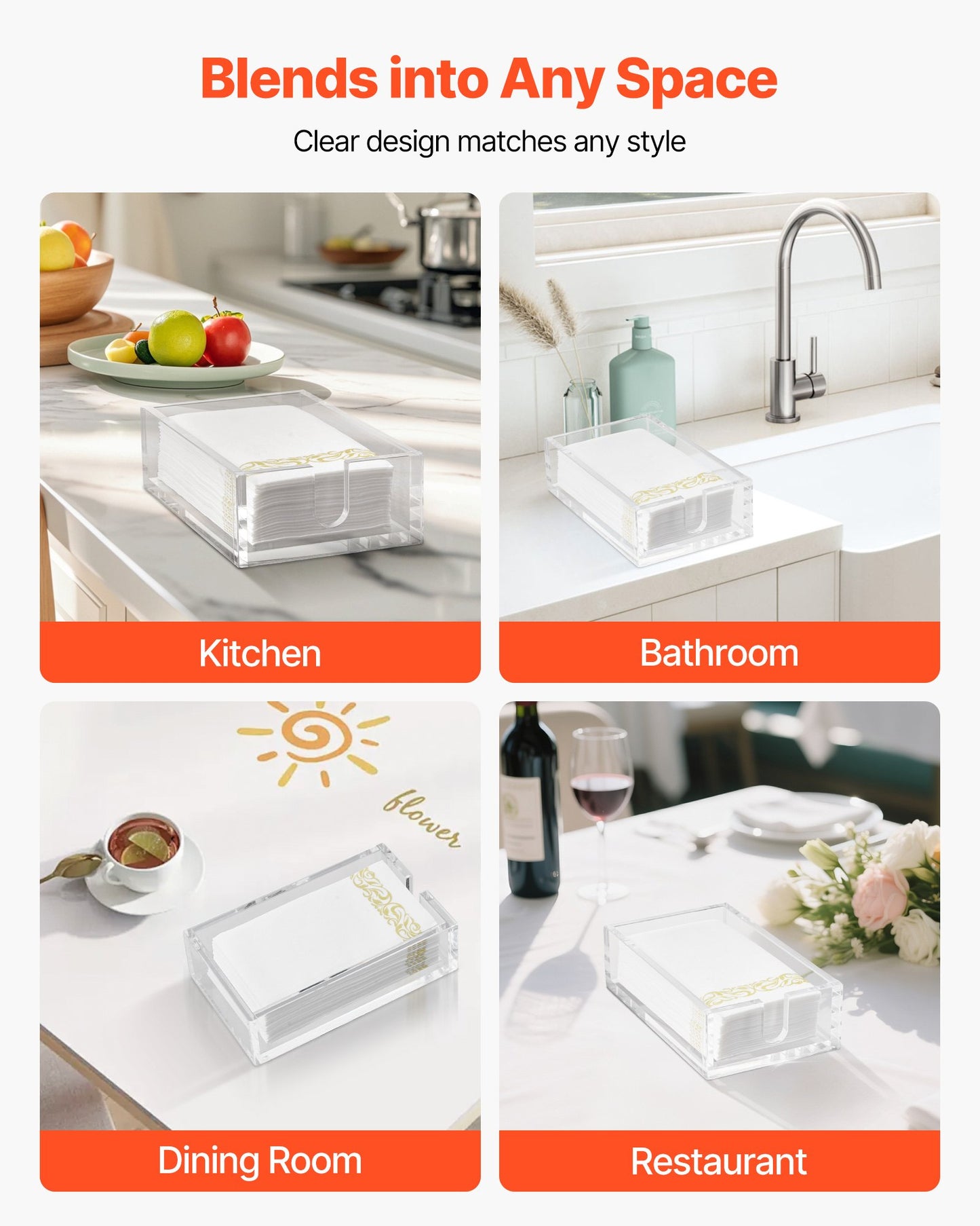 Acrylic Napkin Holder, 9.1 x 5.5 x 2.6 inch, Clear Bathroom Guest Towel Storage Tray with U-Shaped Opening, Disposable Paper Towel Holder for Bathroom Kitchen Parties Weddings & Various Events