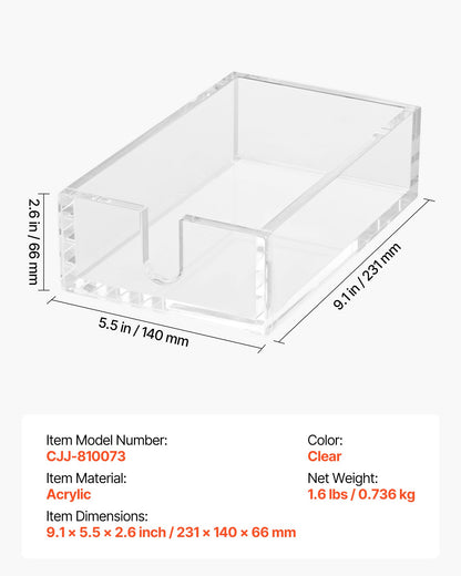 Acrylic Napkin Holder, 9.1 x 5.5 x 2.6 inch, Clear Bathroom Guest Towel Storage Tray with U-Shaped Opening, Disposable Paper Towel Holder for Bathroom Kitchen Parties Weddings & Various Events