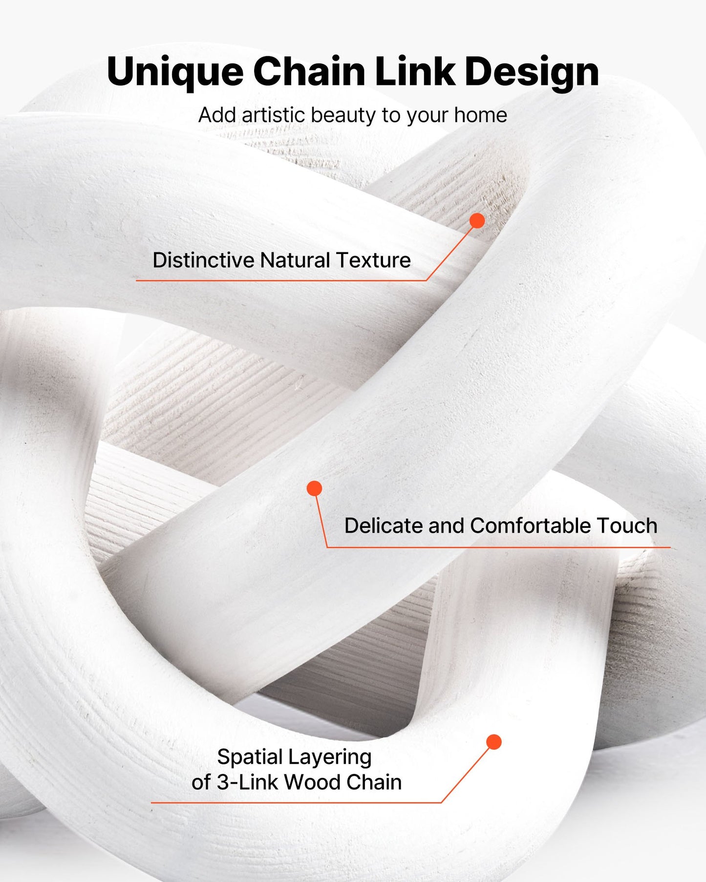 Wood Chain Link Decor, 3 Link, Hand Carved Wooden Knot Decor, Coffee Table Decoration Modern Shelf Accents, Decorative Objects for Home Living Room Bedroom Entryway Farmhouse Bookshelf, White