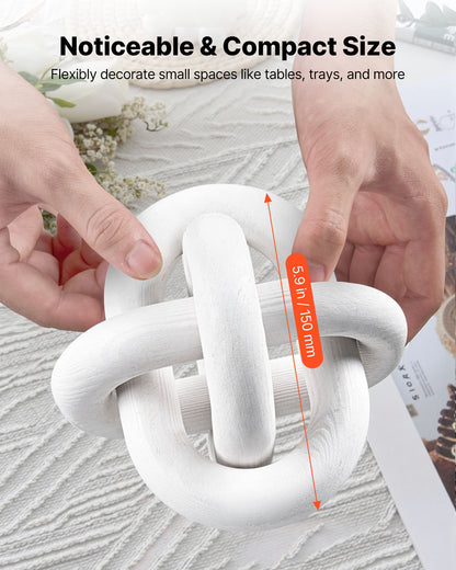 Wood Chain Link Decor, 3 Link, Hand Carved Wooden Knot Decor, Coffee Table Decoration Modern Shelf Accents, Decorative Objects for Home Living Room Bedroom Entryway Farmhouse Bookshelf, White