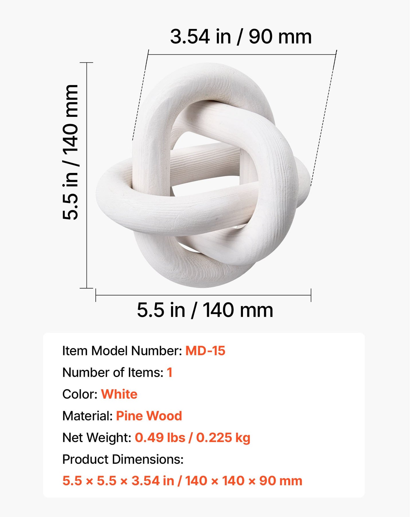 Wood Chain Link Decor, 3 Link, Hand Carved Wooden Knot Decor, Coffee Table Decoration Modern Shelf Accents, Decorative Objects for Home Living Room Bedroom Entryway Farmhouse Bookshelf, White