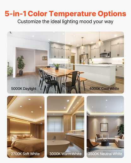 10 Pack LED Recessed Lighting, 4 Inches, Retrofit Can Lights, 750 LM 9W 120V, Selectable 5CCT 2700K/3000K/3500K/4000K/5000K, 10% to 100% Dimmable, Compatible with E26 Base and TP24 Connector