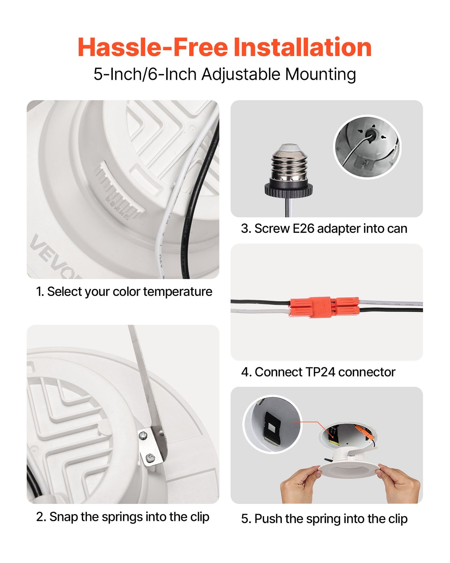 10 Pack LED Recessed Lighting, 4 Inches, Retrofit Can Lights, 750 LM 9W 120V, Selectable 5CCT 2700K/3000K/3500K/4000K/5000K, 10% to 100% Dimmable, Compatible with E26 Base and TP24 Connector